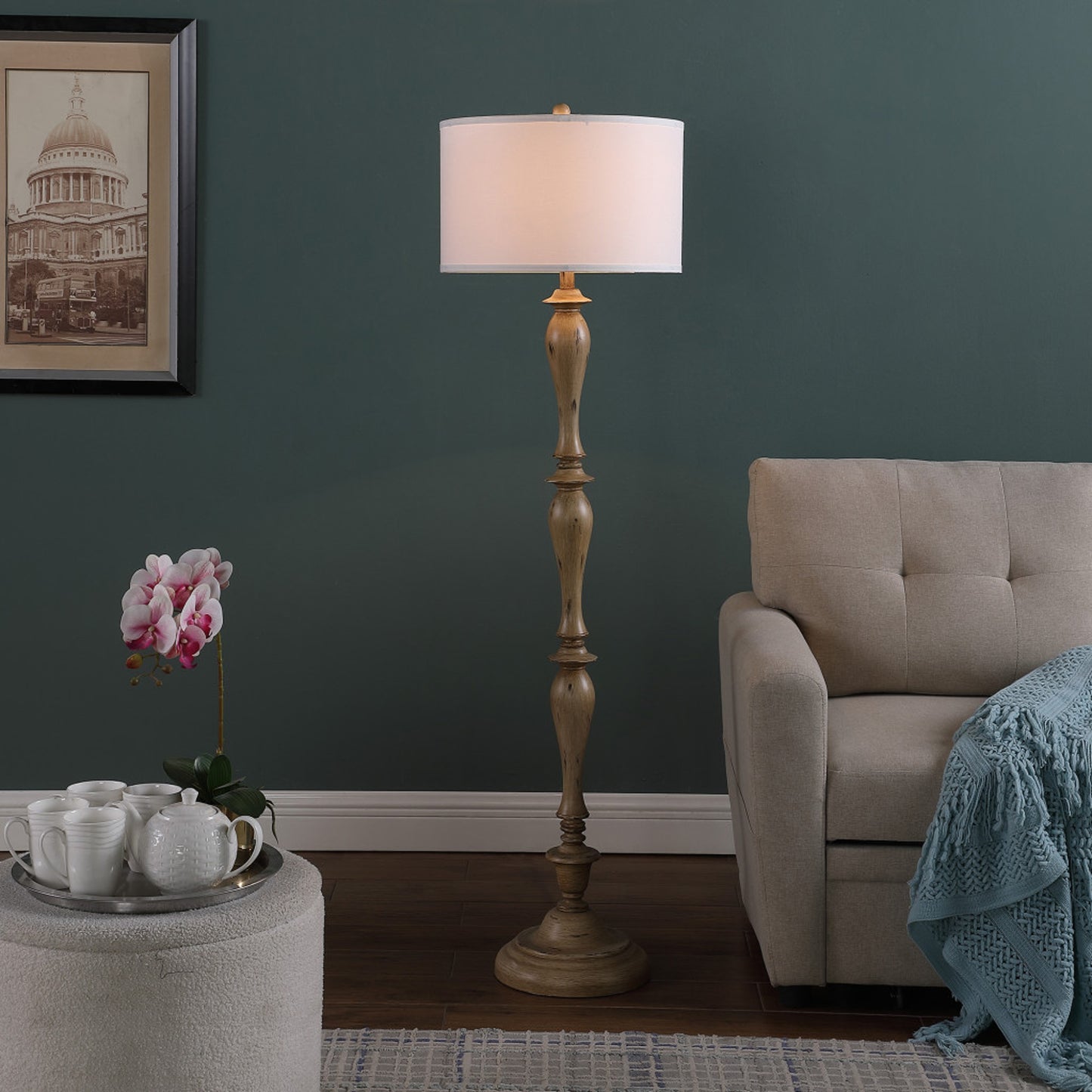 62" Brown & White Polyresin Floor Lamp – White Fabric Shade