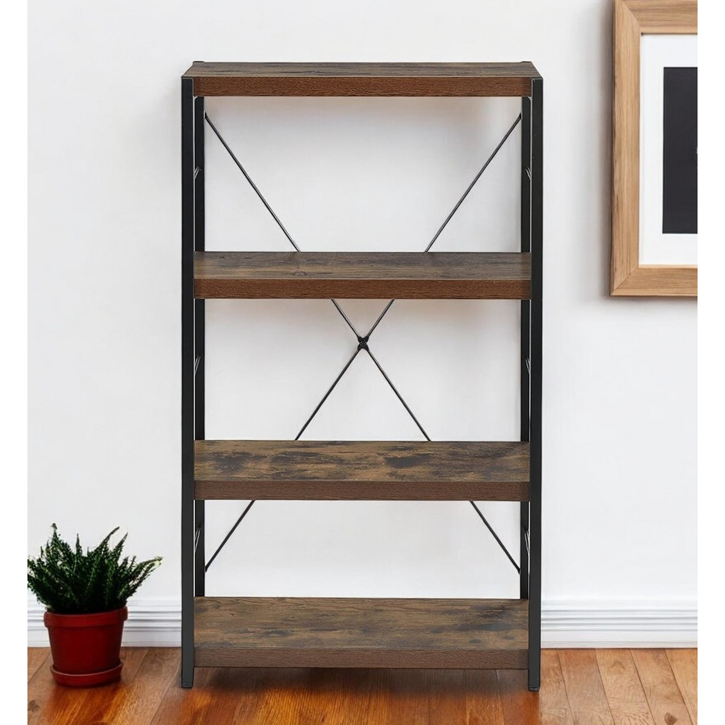 43-Inch Black and Brown Distressed Metal and Wood – Three-Tier Etagere Bookcase