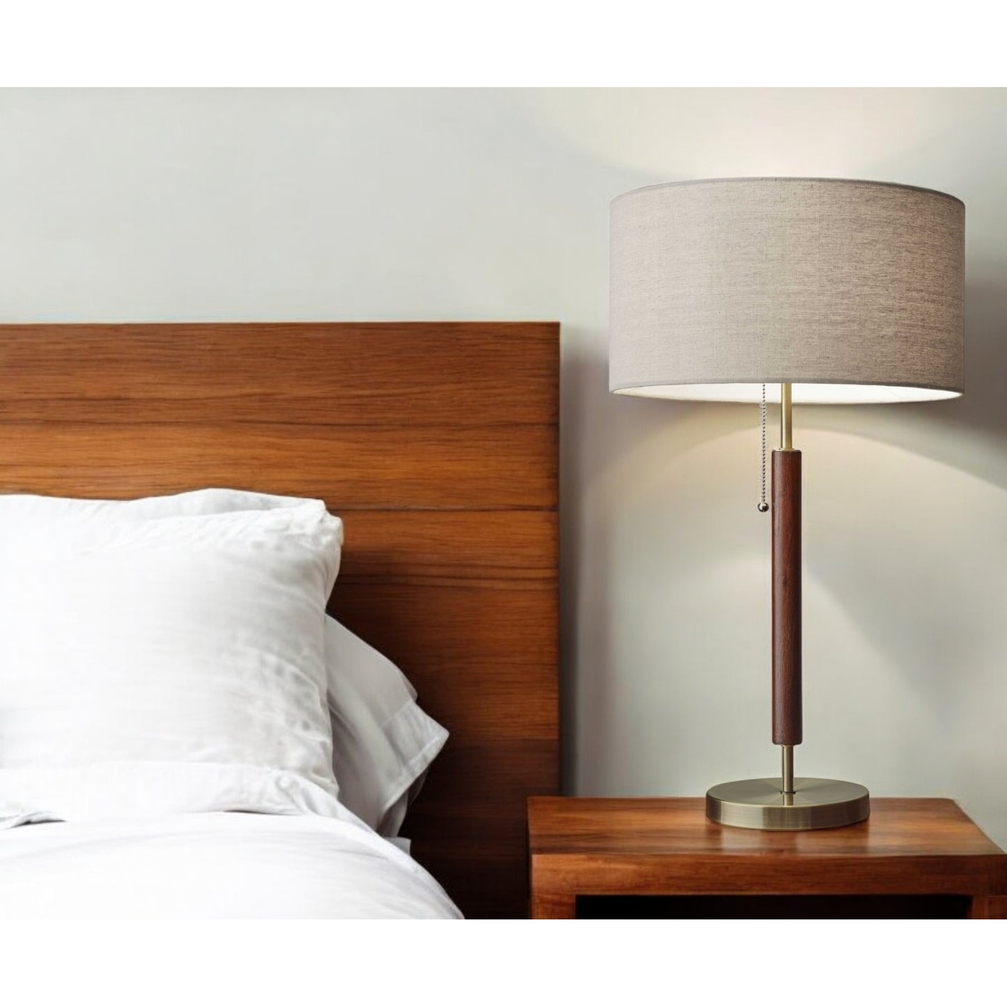 26" Antiqued Brass Solid Wood Table Lamp – Beige Drum Shade