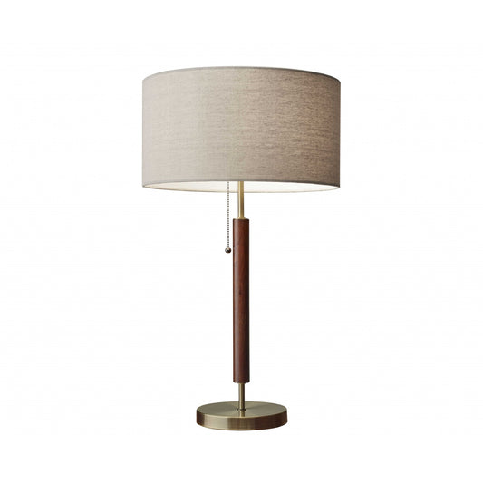 26" Antiqued Brass Solid Wood Table Lamp – Beige Drum Shade