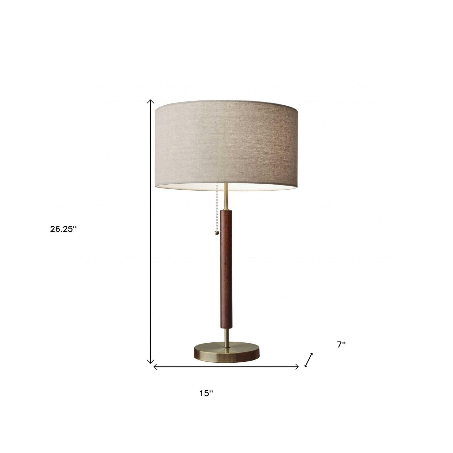 26" Antiqued Brass Solid Wood Table Lamp – Beige Drum Shade