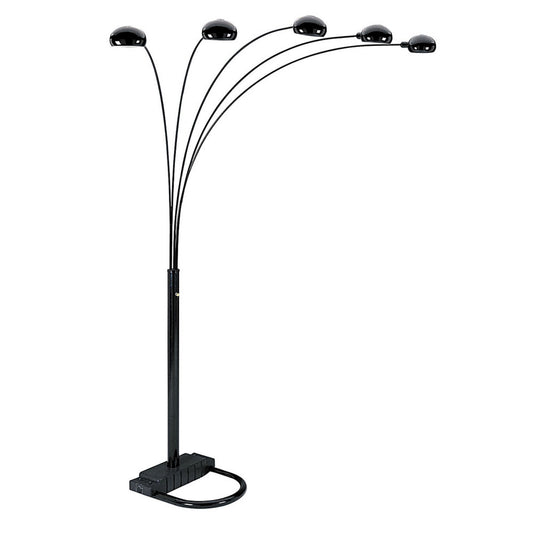 84" Black Five-Light Arc Floor Lamp – Black Dome Shade