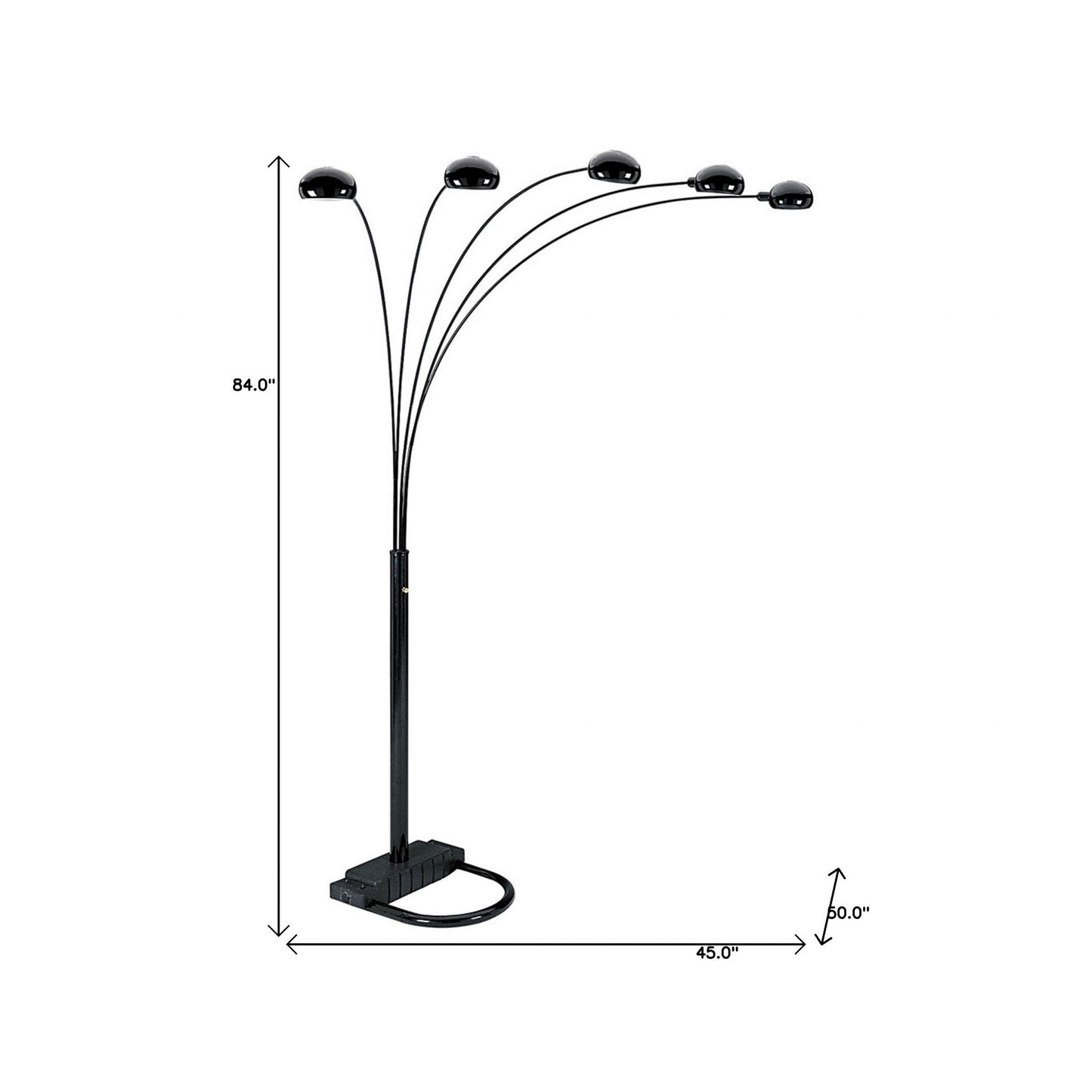 84" Black Five-Light Arc Floor Lamp – Black Dome Shade