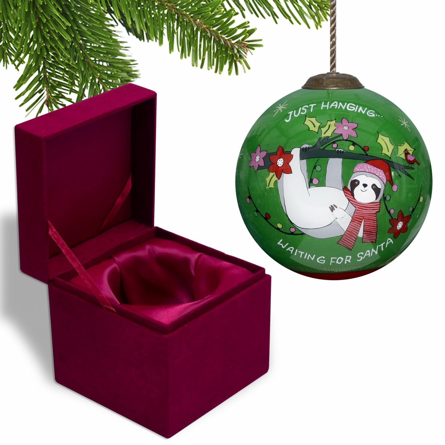 3" Hand-Blown Glass Sloth Ornament – “Merry Lights” Design