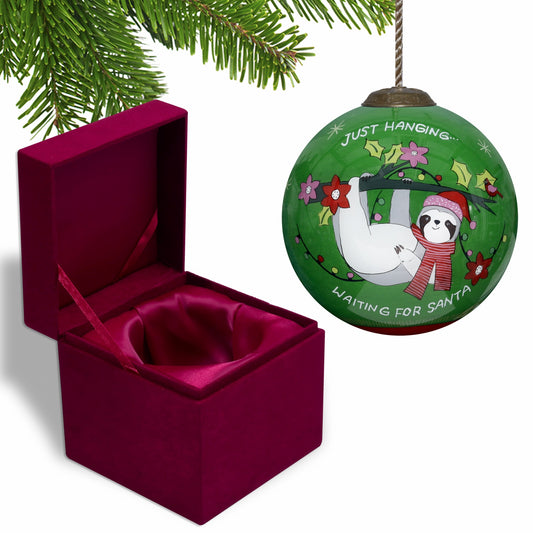 3" Hand-Blown Glass Sloth Ornament – “Merry Lights” Design