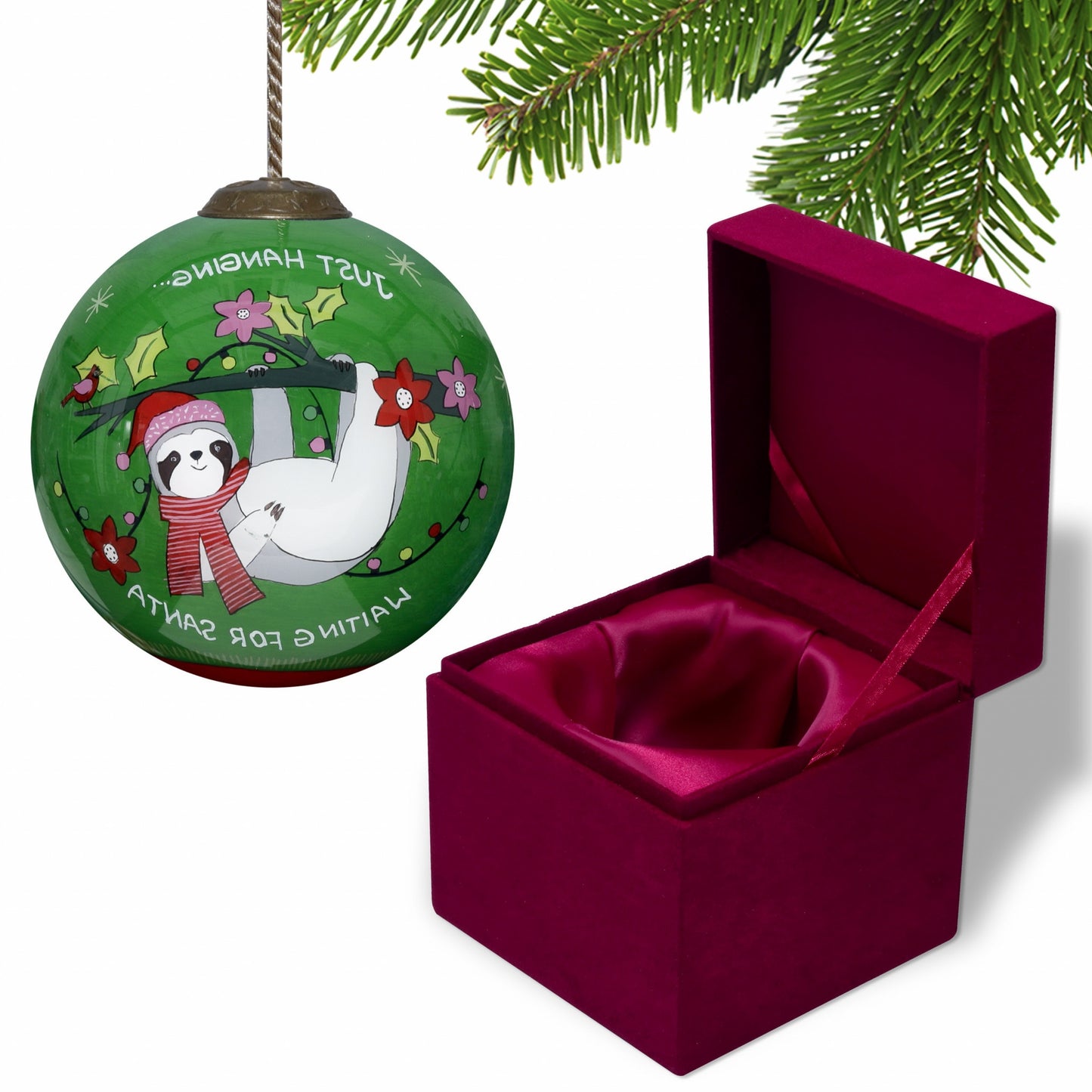 3" Hand-Blown Glass Sloth Ornament – “Merry Lights” Design