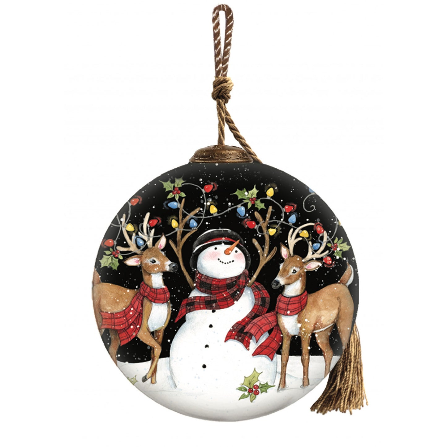 3" Snowman & Reindeer in Holiday Lights Hand-Blown Glass Ornament