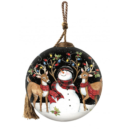 3" Snowman & Reindeer in Holiday Lights Hand-Blown Glass Ornament