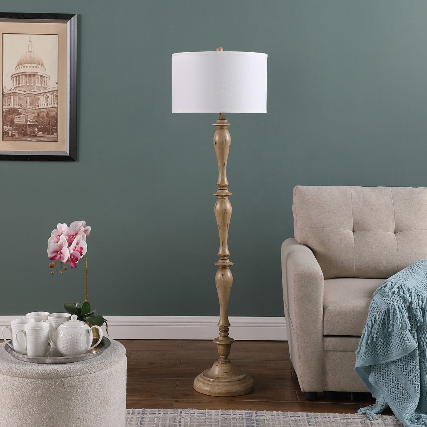 62" Brown & White Polyresin Floor Lamp – White Fabric Shade