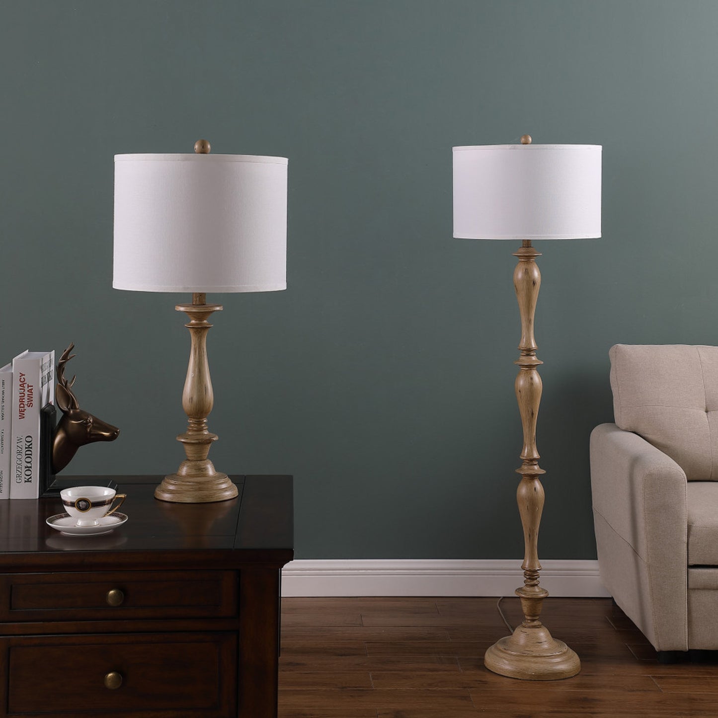 62" Brown & White Polyresin Floor Lamp – White Fabric Shade