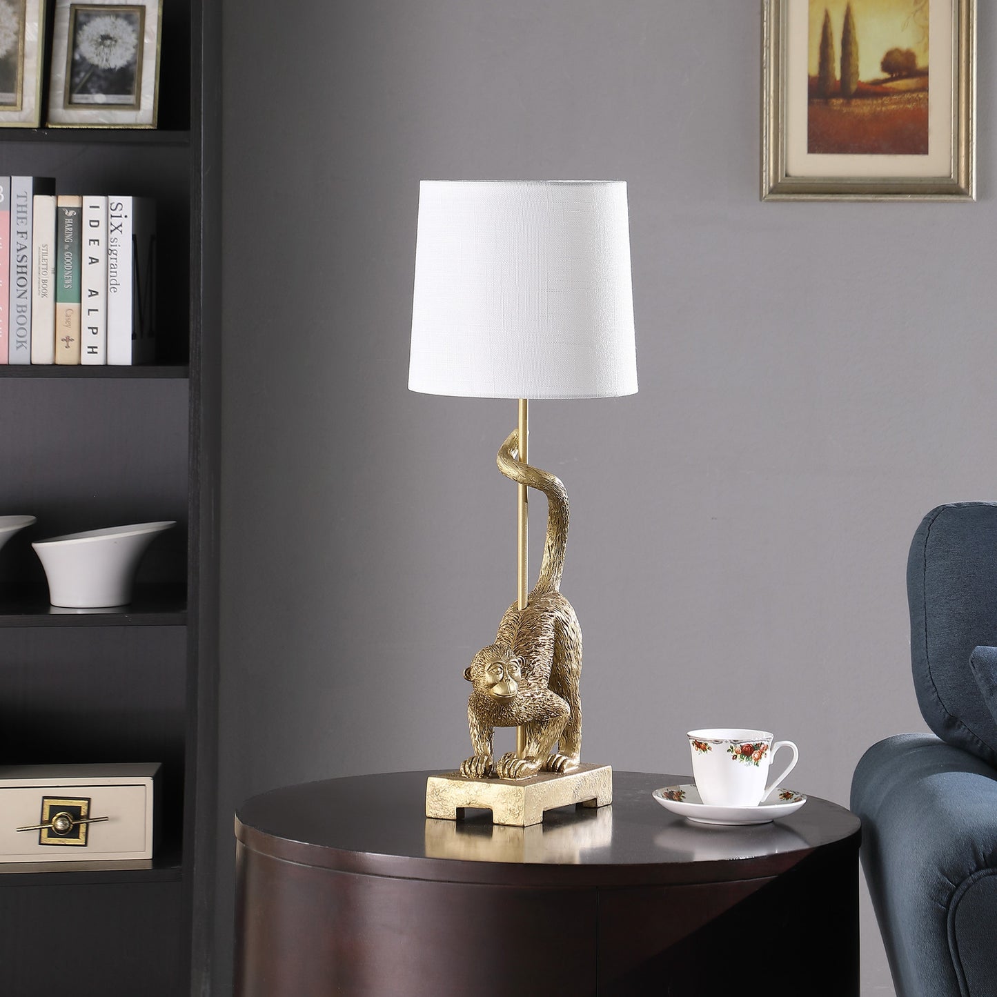 24" Gold Monkey Table Lamp – White Drum Shade