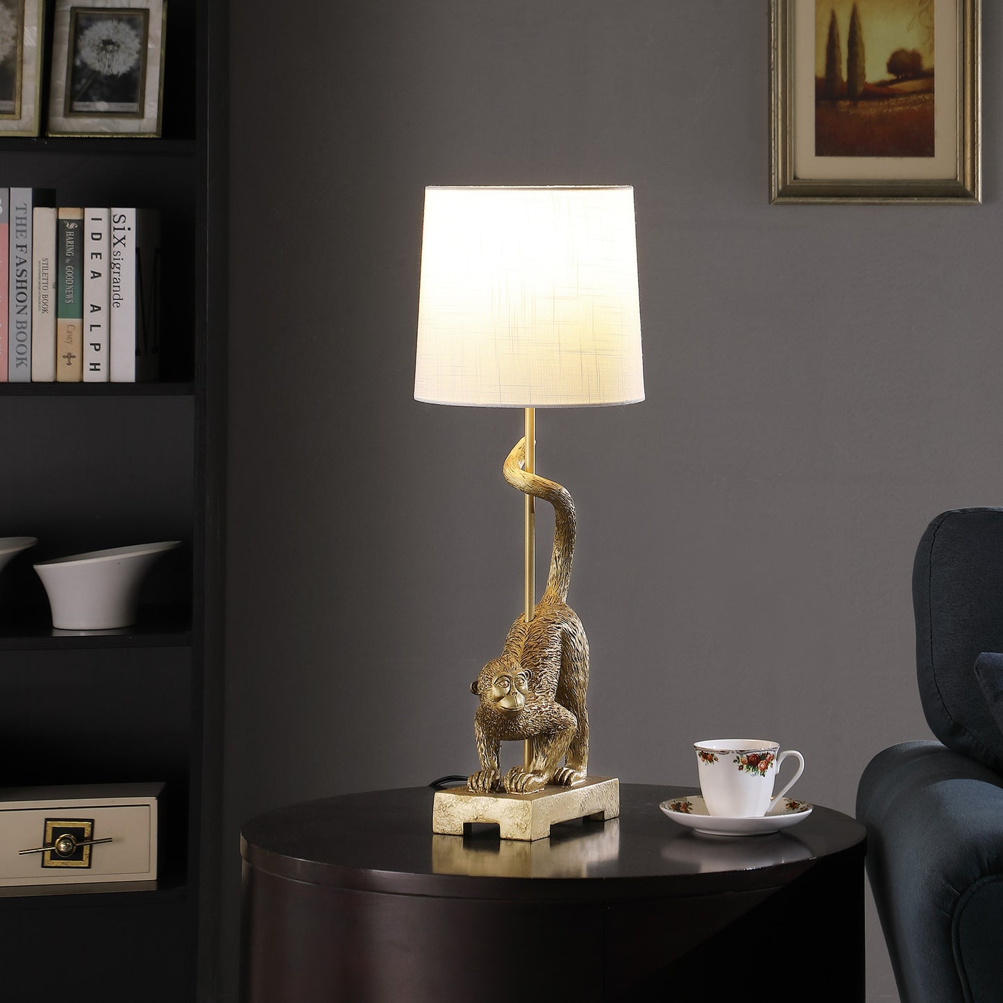 24" Gold Monkey Table Lamp – White Drum Shade