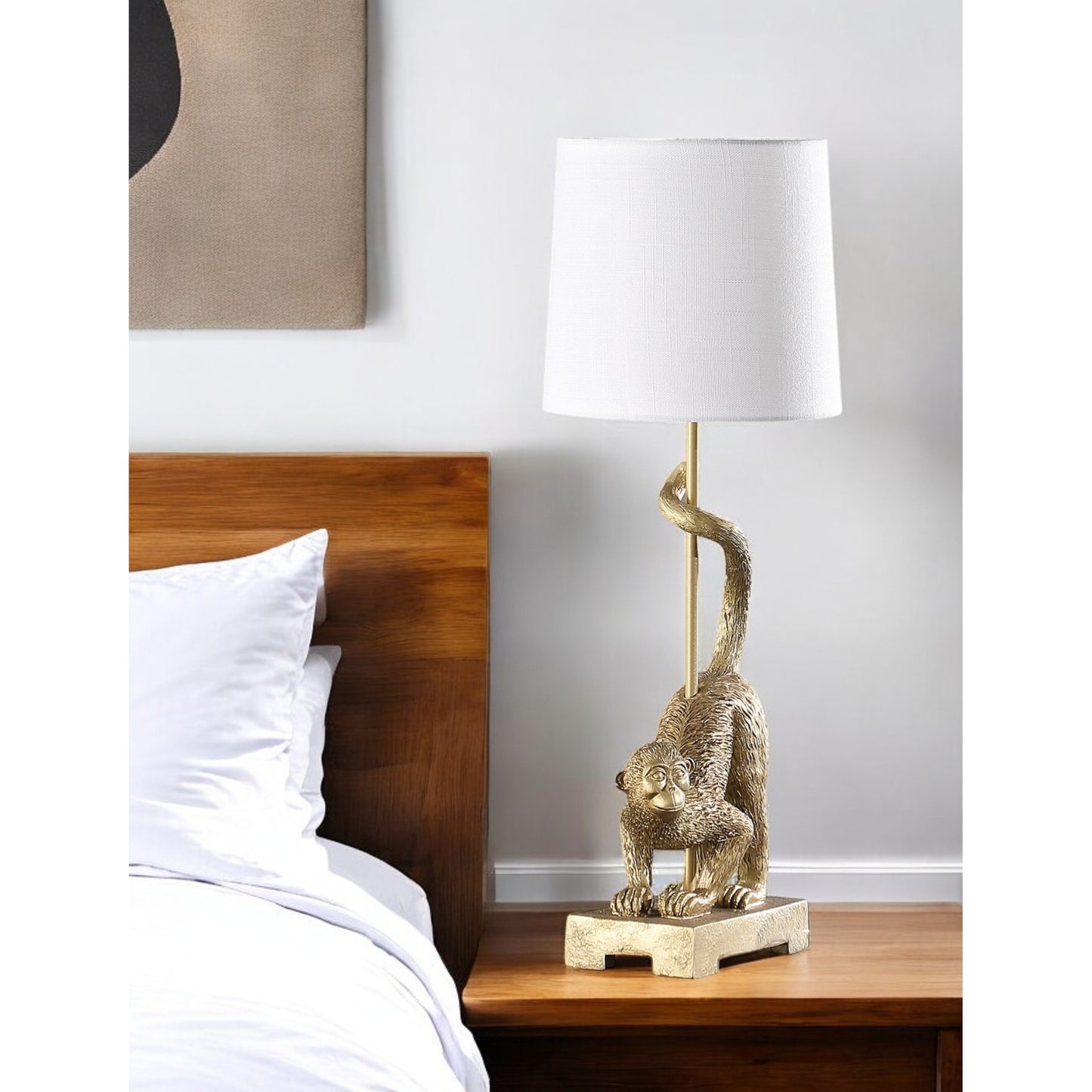 24" Gold Monkey Table Lamp – White Drum Shade