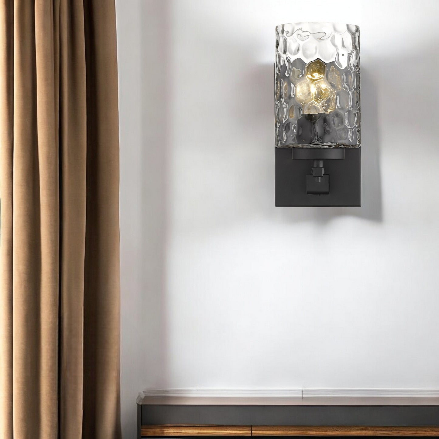 9.5" Black Metal & Pebbled Glass Wall Sconce